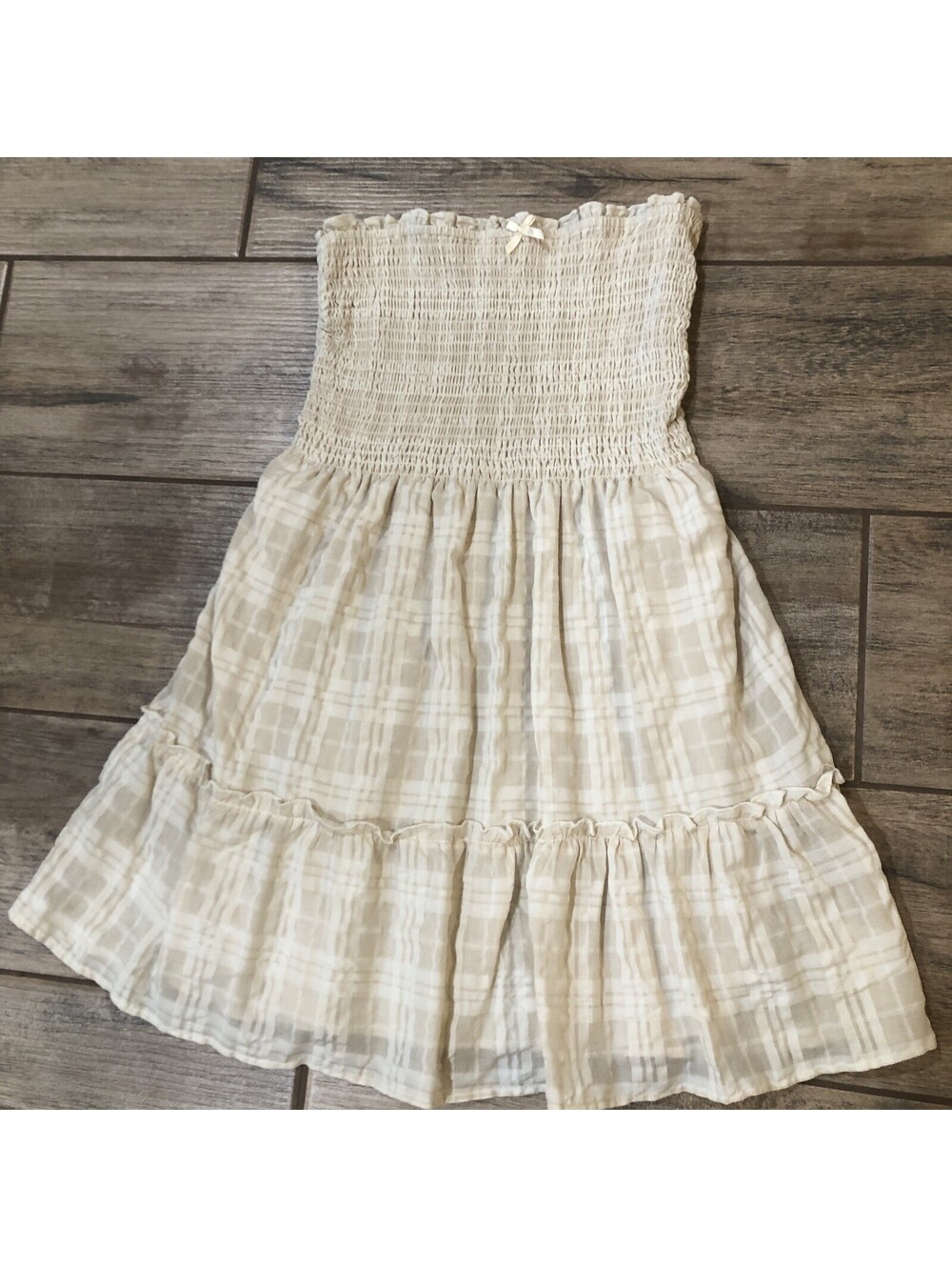 Kirious Los Angeles Smocked Plaid Tube Top Mini Dress Cream Tan Medium Gingham